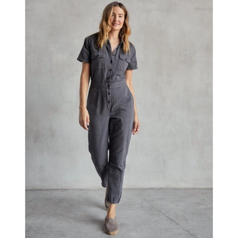 NWT Outerknown S.E.A Women Navy Utility Jumpsuit Organic Cotton Linen Sz L Casua